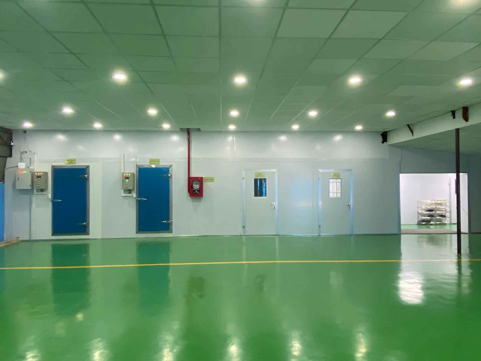 Phòng sạch panel cách nhiệt với sàn epoxy xanh